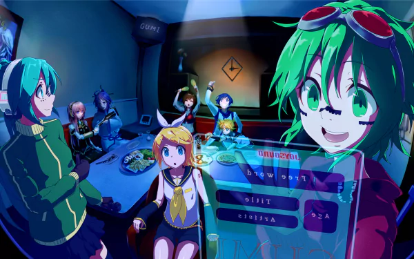 HD PC desktop wallpaper featuring Anime-style Vocaloid characters including Hatsune Miku, Meiko, Luka Megurine, Kamui Gakupo, Kaito, Rin and Len Kagamine, and GUMI in a vibrant room.