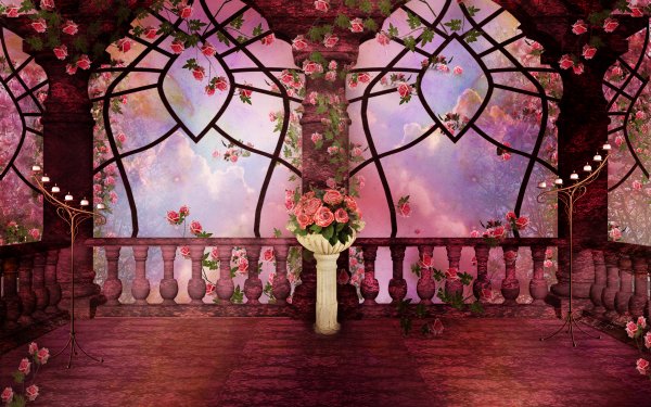 Artistic Rose Pink Rose Gothic Fantasy Columns Arch Candle HD Wallpaper | Background Image