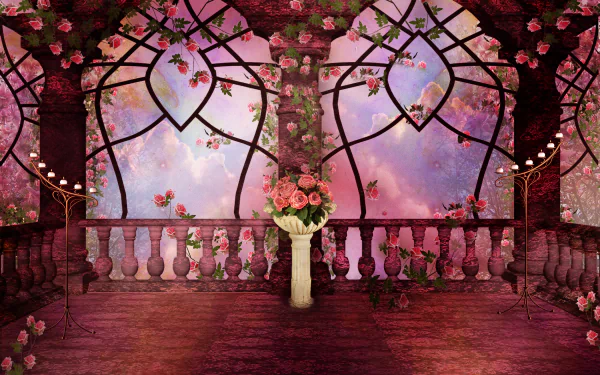 A gothic fantasy scene featuring ornate columns, a candlelit arch, and a bouquet of pink roses, set against a dreamy background of blossoming flowers and vibrant colors.