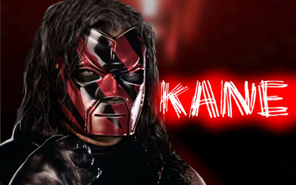 HD desktop wallpaper featuring WWE wrestler Kane in his signature mask with a red background and KANE text.