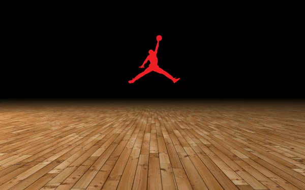 HD desktop wallpaper showing the Jordan logo with a silhouette of Michael Jordan on a wooden basketball court background, emphasizing a sports theme.
