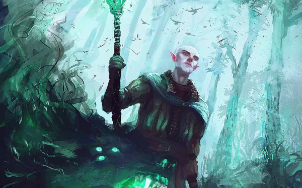 HD PC desktop wallpaper featuring Solas from the video game Dragon Age: Inquisition, set in a mystical forest with glowing green magical elements.
