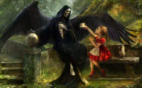 A little girl in a red dress interacts with the Grim Reaper, a skeletal figure in dark robes, in a fantasy scene set in a lush, mystical environment.