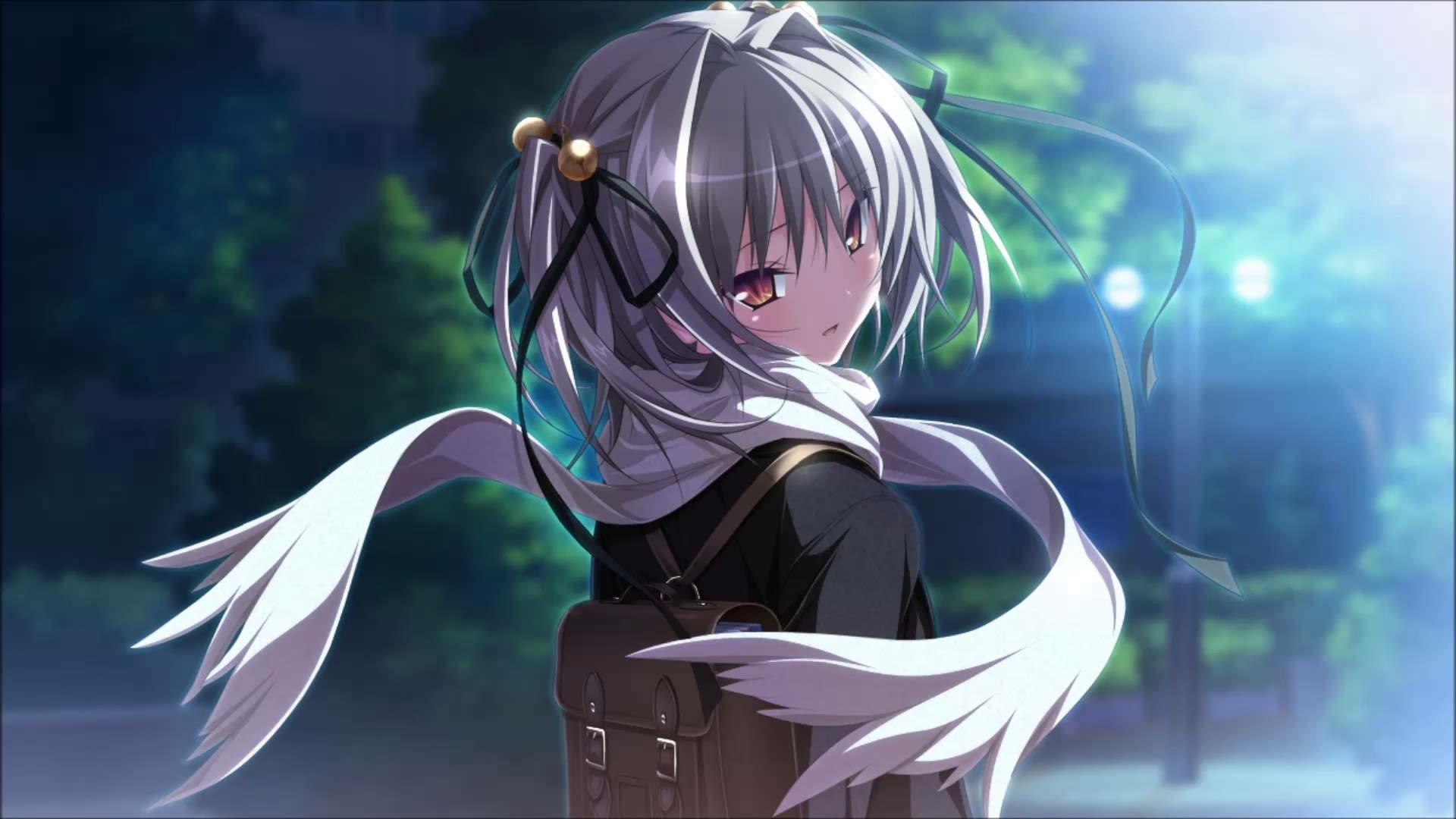 A girl with white hair styled in ribbons gazes back, set against a softly lit nighttime background. This anime-inspired original piece serves as a striking HD desktop wallpaper.