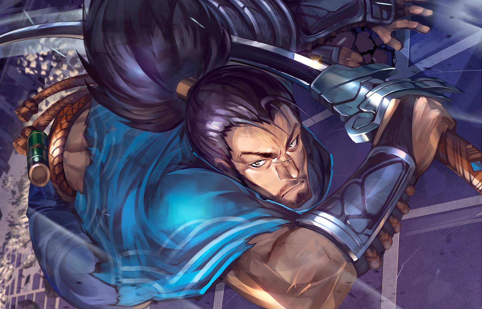 HD PC desktop wallpaper featuring Yasuo from the video game League of Legends, depicted in dynamic action with his sword drawn.