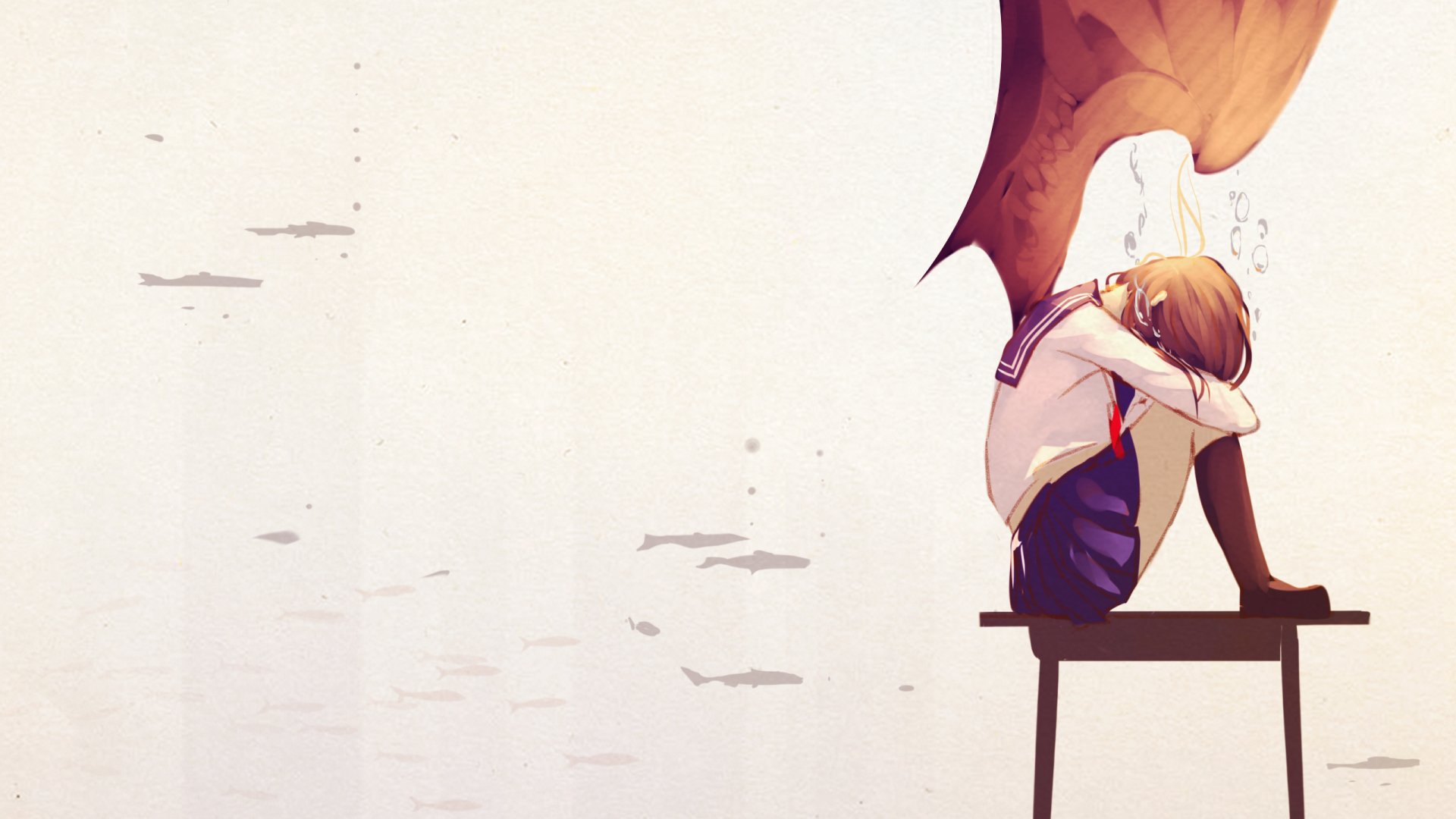 HD anime original wallpaper featuring a girl with bat wings sitting on a chair, hugging her knees against a minimal, light background.