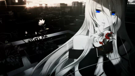 HD wallpaper featuring Lily from Vocaloid in an anime-style scene, with her holding a flower in a moody urban setting, evoking a captivating blend of art and emotion.