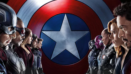 HD desktop wallpaper featuring characters from the movie Captain America: Civil War standing in two facing lines with Captain America's shield in the background.