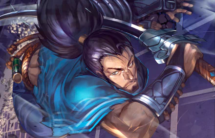 HD PC desktop wallpaper featuring Yasuo from the video game League of Legends, depicted in dynamic action with his sword drawn.