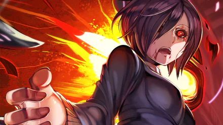 A dynamic HD wallpaper featuring Touka Kirishima from Tokyo Ghoul, showcasing her fierce expression against a vibrant, fiery background.