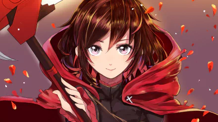 HD desktop wallpaper featuring Ruby Rose from the anime RWBY, showcasing her iconic red cloak and confident expression amidst a backdrop of floating petals.