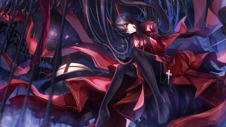 A captivating original anime HD wallpaper featuring a character in a striking red outfit, set against a mystical backdrop of dark blues and swirling shadows.
