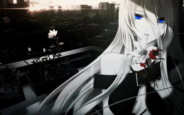 HD wallpaper featuring Lily from Vocaloid in an anime-style scene, with her holding a flower in a moody urban setting, evoking a captivating blend of art and emotion.