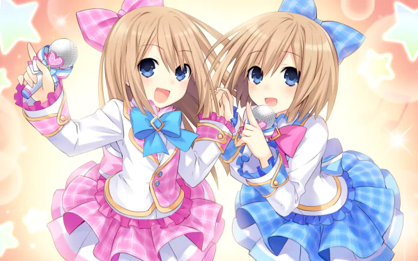 Two characters from Hyperdimension Neptunia Victory, Ram and Rom, are cheerfully posed with blue eyes, wearing colorful dresses and bows, set against a dreamy starry background.