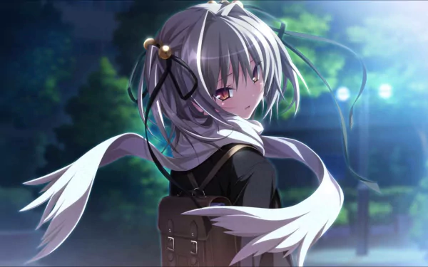 A girl with white hair styled in ribbons gazes back, set against a softly lit nighttime background. This anime-inspired original piece serves as a striking HD desktop wallpaper.