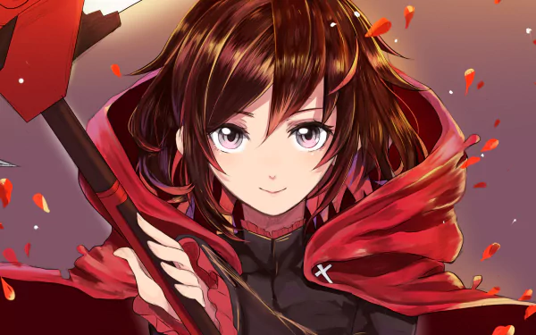 HD desktop wallpaper featuring Ruby Rose from the anime RWBY, showcasing her iconic red cloak and confident expression amidst a backdrop of floating petals.