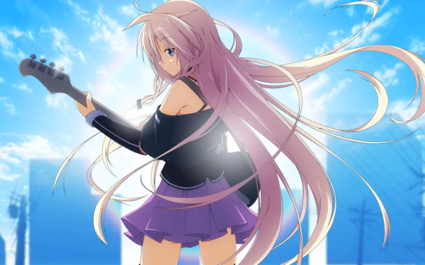 A vibrant HD desktop wallpaper featuring IA from Vocaloid, showcasing her with long hair and a guitar against a bright blue sky, embodying an anime-inspired aesthetic.
