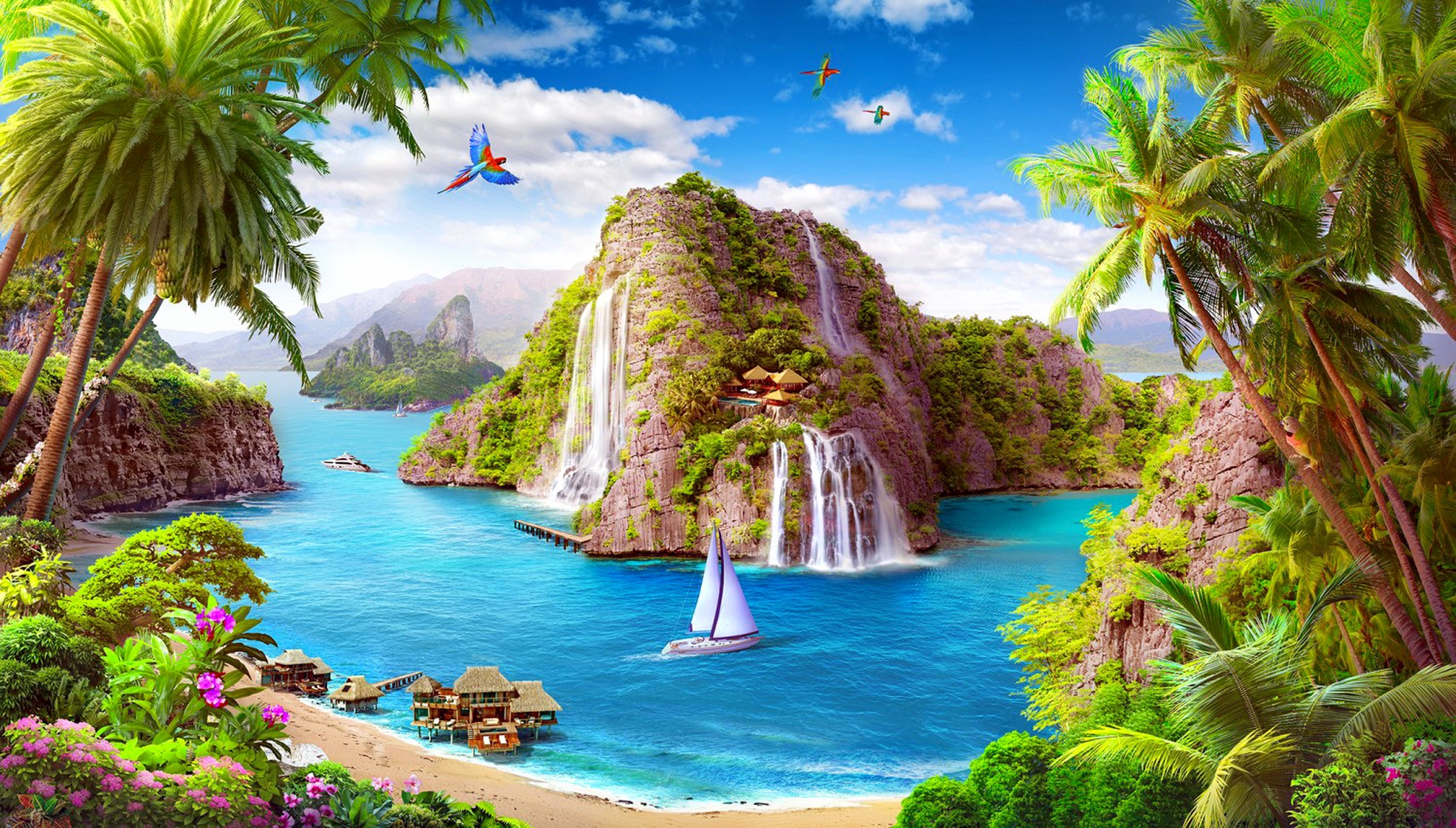 Океан море водопад. Экзотические пейзажи. Тропический остров. Тропический пейзаж. Пейзаж тропики.