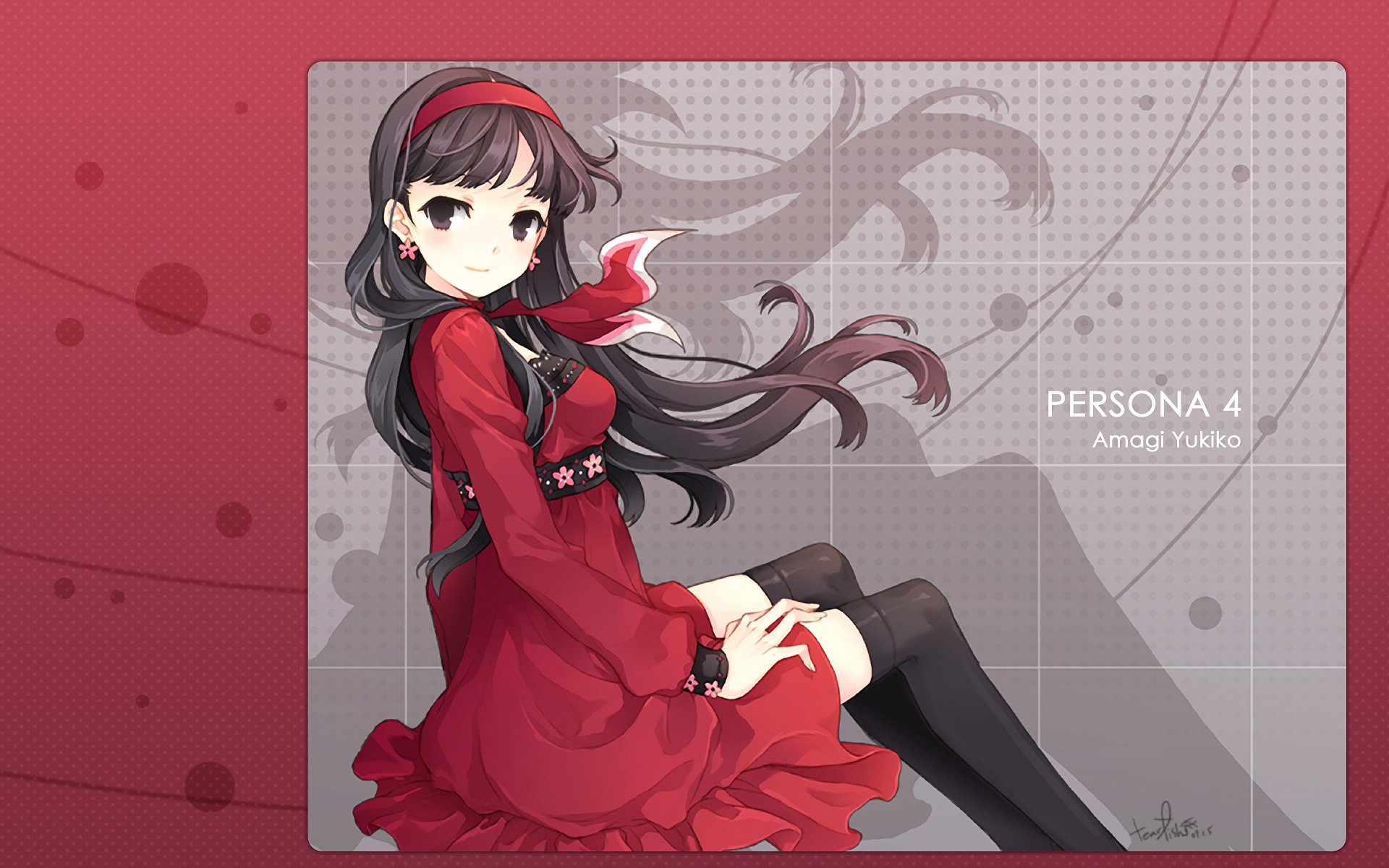 HD PC desktop wallpaper of Yukiko Amagi from the video game Persona 4 — anime-style portrait in a red dress seated against a patterned red-gray background.