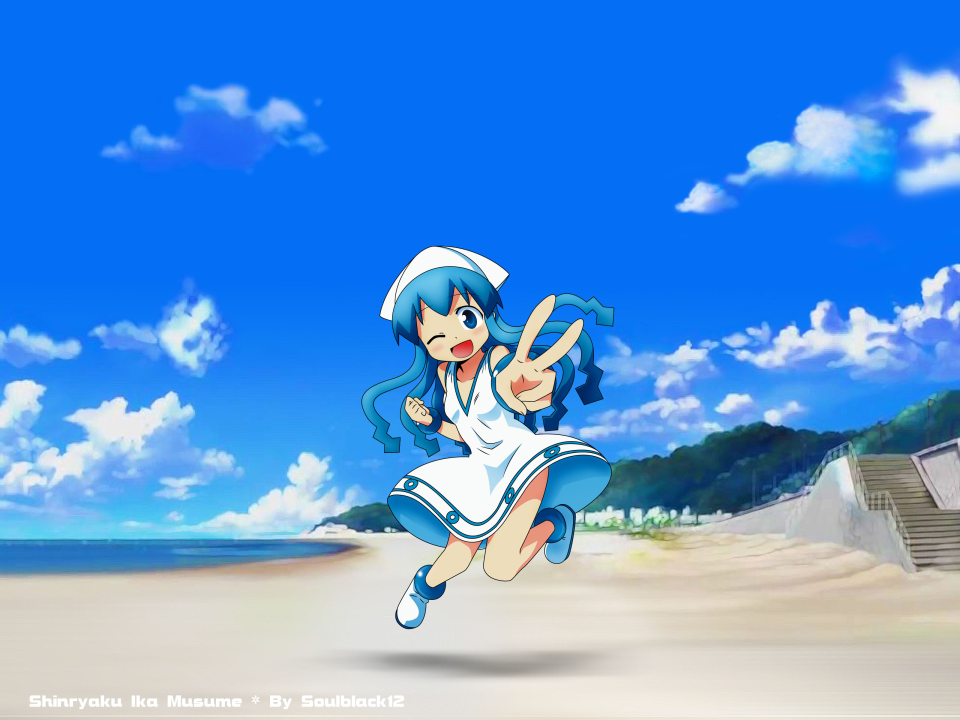 Ika Musume (Squid Girl) anime character joyfully leaping on a sunny beach under a vivid blue sky — 2K Quad HD PC desktop wallpaper/background.
