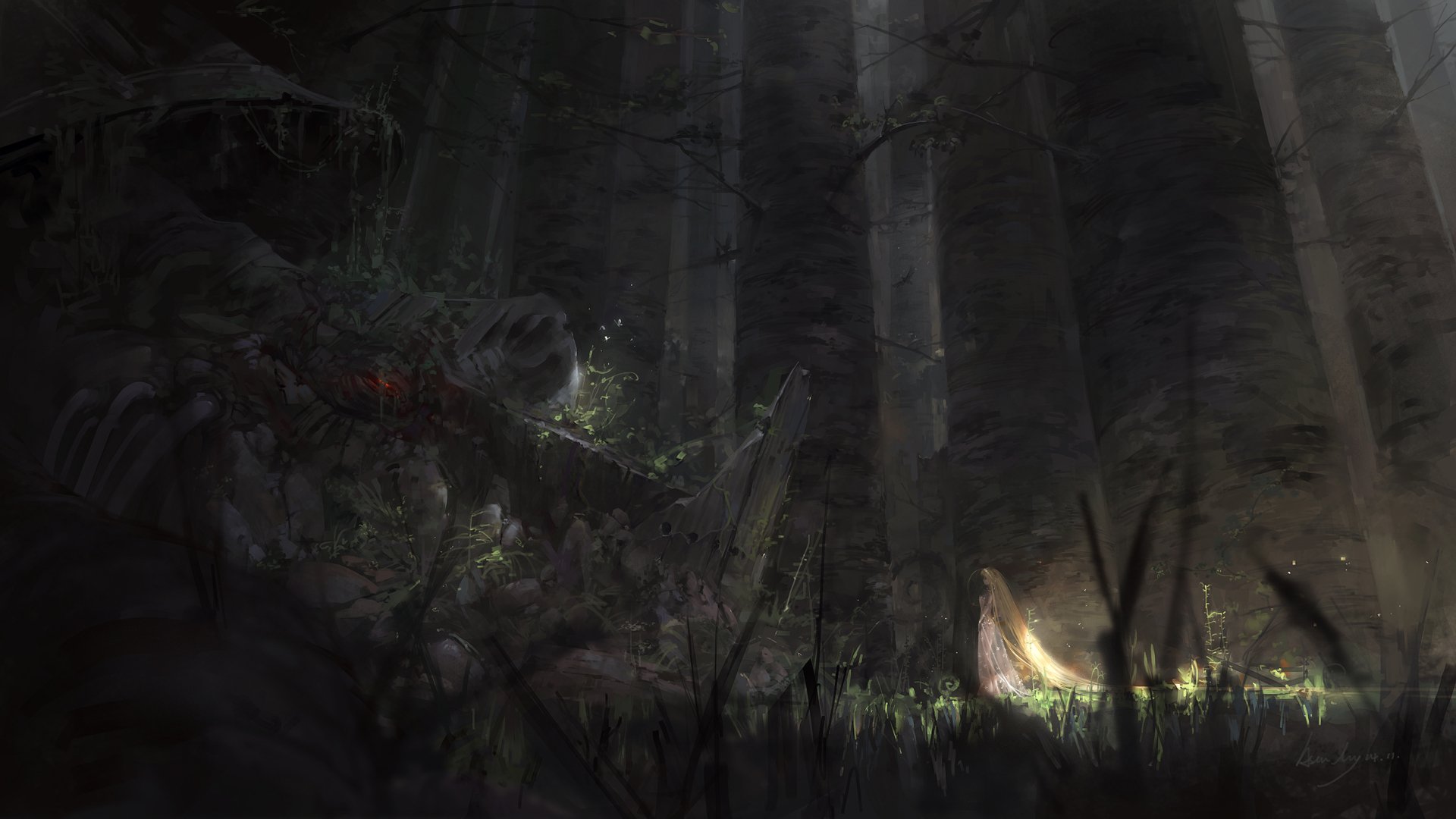 A captivating original anime scene set in a mystical forest, featuring shadows and light filtering through tall trees, creating a haunting atmosphere for a HD desktop wallpaper.