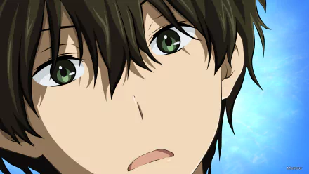 A close-up of Hōtarō Oreki from the anime Hyouka, featuring his thoughtful expression against a soft blue background. This HD image serves as a captivating desktop wallpaper.