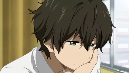 A contemplative Hōtarō Oreki from the anime Hyouka, portrayed with a thoughtful expression, makes for a striking HD desktop wallpaper.