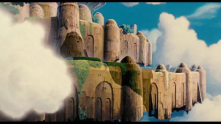 Anime HD PC desktop wallpaper and background depicting the floating stone city from Laputa: Castle in the Sky — sunlit cliffs, mossy arches and drifting clouds.