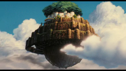 HD PC desktop wallpaper featuring the floating island from the anime Laputa: Castle in the Sky, surrounded by clouds and a bright blue sky.