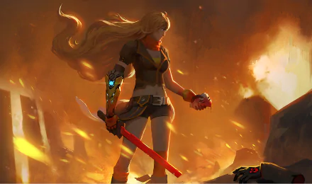 Yang Xiao Long stands amidst flames, holding a red weapon, with a dramatic backdrop of fire and destruction. This dynamic scene captures the essence of RWBY.