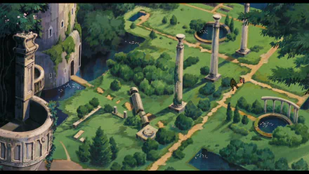 Anime HD PC wallpaper — Laputa: Castle in the Sky scene: aerial view of verdant, overgrown gardens, broken stone pillars, circular ponds and mossy castle ruins.