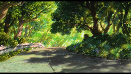HD anime desktop wallpaper from Ponyo featuring a sunlit, tree-lined road with lush greenery and vibrant foliage in a serene forest setting.
