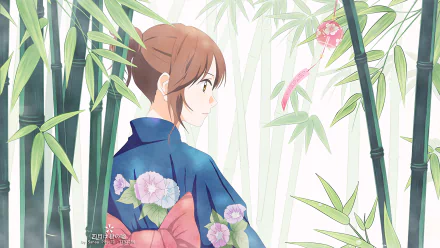 A serene HD wallpaper featuring Tsubaki Sawabe from the anime Your Lie in April, set against a backdrop of bamboo and delicate blossoms.