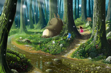HD wallpaper of My Neighbor Totoro featuring Totoro, Mini Totoro, and Mei Kusakabe in a magical forest setting.