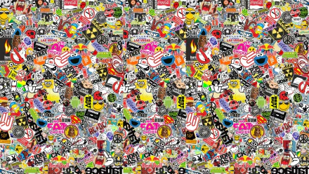 HD desktop wallpaper featuring a vibrant sticker bomb design with a collage of assorted stickers.