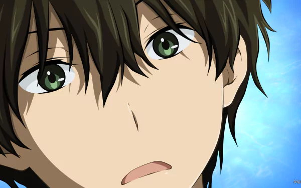 A close-up of Hōtarō Oreki from the anime Hyouka, featuring his thoughtful expression against a soft blue background. This HD image serves as a captivating desktop wallpaper.