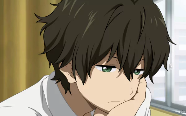 A contemplative Hōtarō Oreki from the anime Hyouka, portrayed with a thoughtful expression, makes for a striking HD desktop wallpaper.