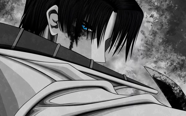 HD anime desktop wallpaper featuring a close-up of Rurouni Kenshin with striking blue eyes and a somber expression against a textured gray background.