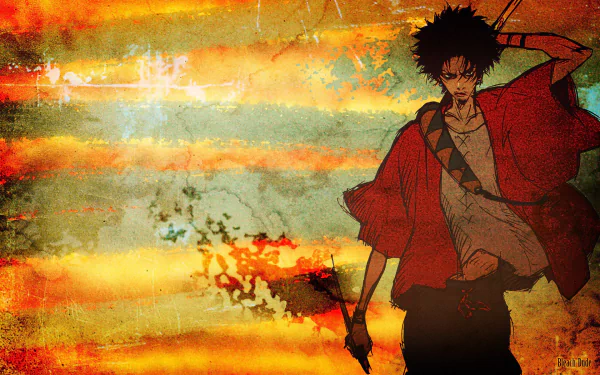 HD anime desktop wallpaper featuring Mugen from Samurai Champloo standing against a fiery, textured sunset background.