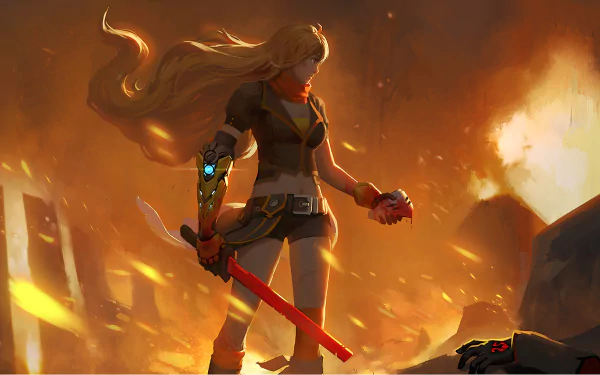 Yang Xiao Long stands amidst flames, holding a red weapon, with a dramatic backdrop of fire and destruction. This dynamic scene captures the essence of RWBY.