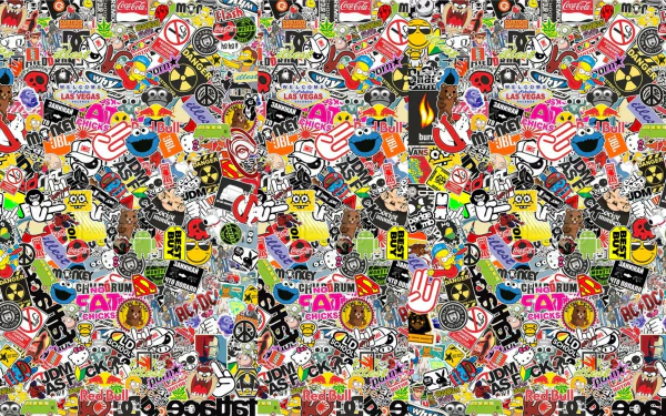 HD desktop wallpaper featuring a vibrant sticker bomb design with a collage of assorted stickers.