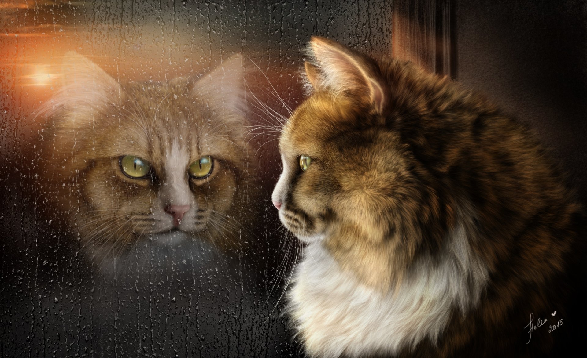 A detailed artistic painting of a cat with striking green eyes, reflected on a rain-covered window, captured in HD as a desktop wallpaper background.