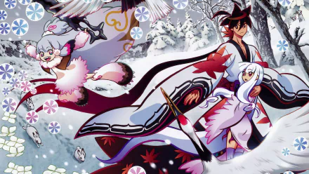 A vibrant HD wallpaper featuring Togame and Shichika Yasuri from the anime Katanagatari, set against a snowy backdrop with playful elements and intricate details.
