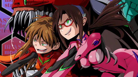 HD PC desktop wallpaper featuring Mari Makinami Illustrious and Asuka Langley Sohryu from Evangelion: 2.0 You Can (Not) Advance in vibrant anime style.