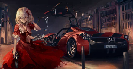 HD anime desktop wallpaper featuring Flandre Scarlet from Touhou, standing in a dimly lit garage beside a sleek red sports car.