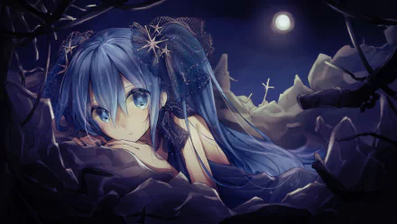 An HD desktop wallpaper featuring the anime character Hatsune Miku with blue hair and eyes, styled in twintails. She is surrounded by a dark, dreamy landscape illuminated by a full moon.