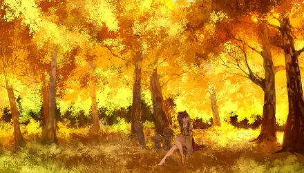 A stunning 4K Ultra HD wallpaper featuring Reimu Hakurei from the Touhou anime, set in a vibrant autumn forest filled with golden leaves. 