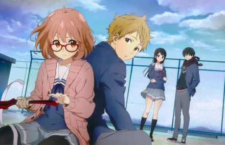 HD desktop wallpaper featuring characters Mirai Kuriyama, Akihito Kanbara, Mitsuki Nase, and Hiroomi Nase from the anime Kyoukai no Kanata (Beyond the Boundary). They are standing on a rooftop under a cloudy sky.