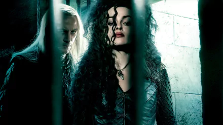 Lucius Malfoy and Bellatrix Lestrange from Harry Potter and the Deathly Hallows: Part 1, portrayed by Helena Bonham Carter, depicted in a dramatic HD wallpaper.