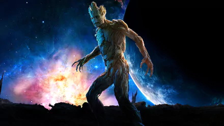 A captivating HD wallpaper featuring Groot from the movie Guardians of the Galaxy, set against a vibrant cosmic background with stars and planets.